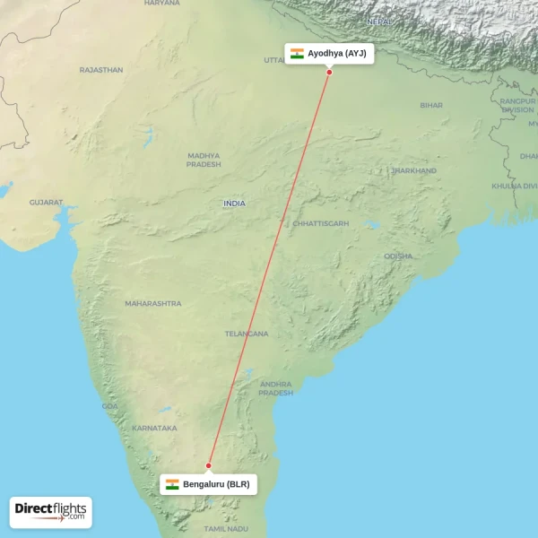 Bengaluru - Ayodhya direct flight map