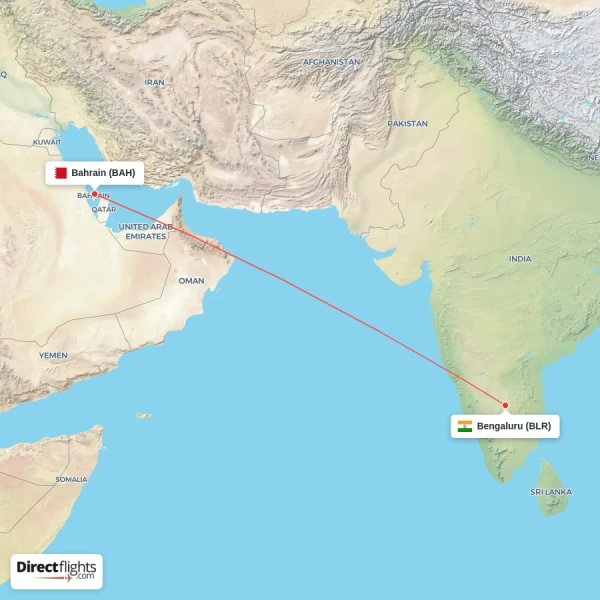 Bengaluru - Bahrain direct flight map