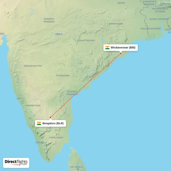 Bengaluru - Bhubaneswar direct flight map