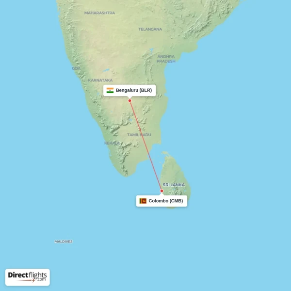 Bengaluru - Colombo direct flight map