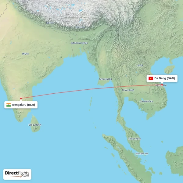 Bengaluru - Da Nang direct flight map