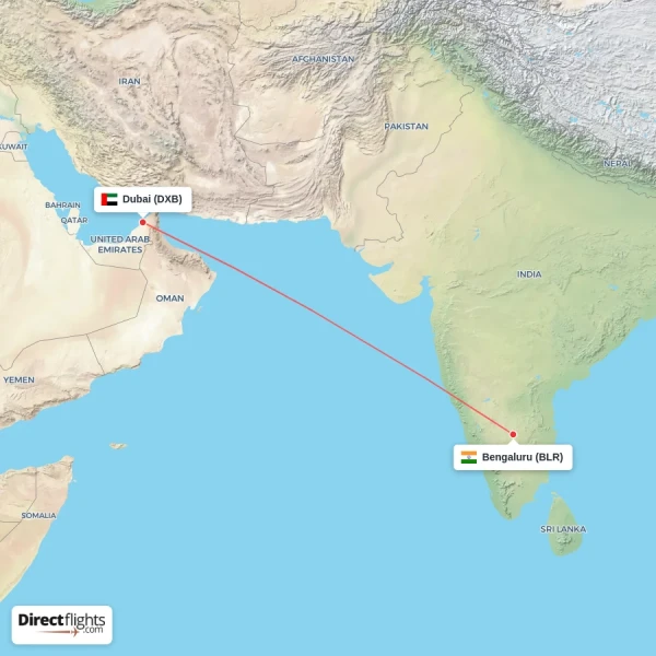 Bengaluru - Dubai direct flight map
