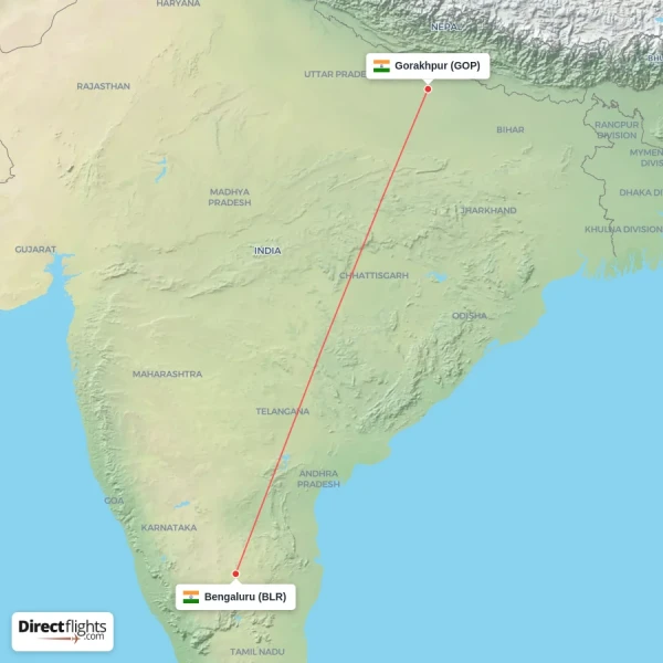 Bengaluru - Gorakhpur direct flight map