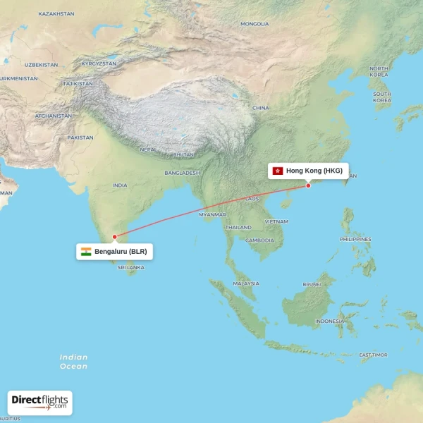 Bengaluru - Hong Kong direct flight map