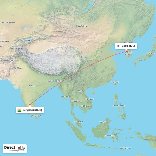 Bengaluru - Seoul direct flight map