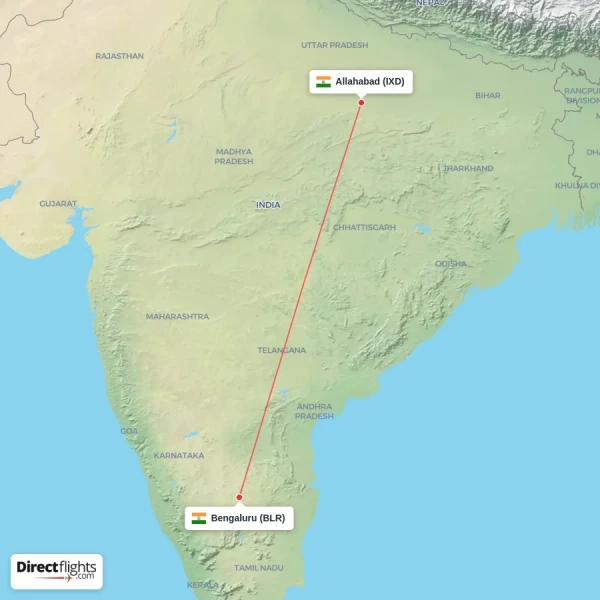 Bengaluru - Allahabad direct flight map