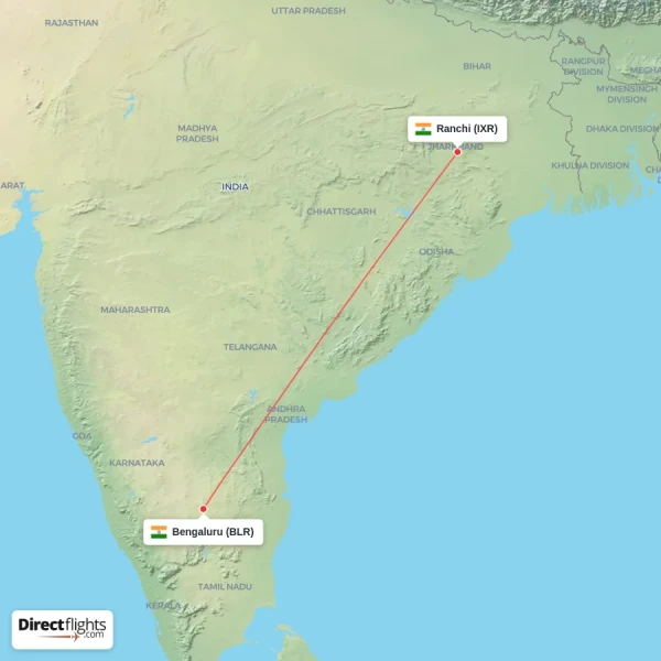 Bengaluru - Ranchi direct flight map