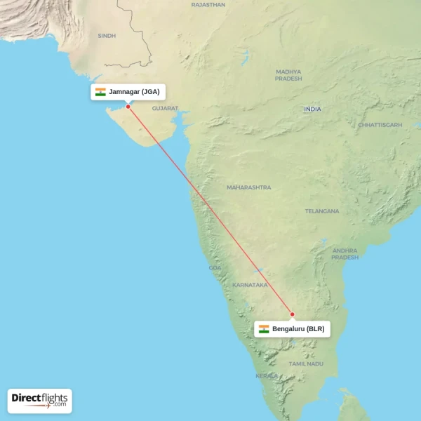 Bengaluru - Jamnagar direct flight map