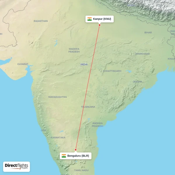 Bengaluru - Kanpur direct flight map