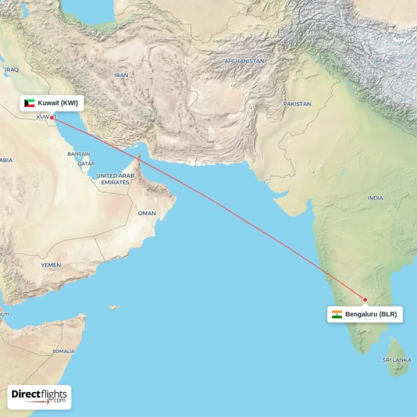 Bengaluru - Kuwait direct flight map
