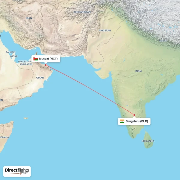 Bengaluru - Muscat direct flight map