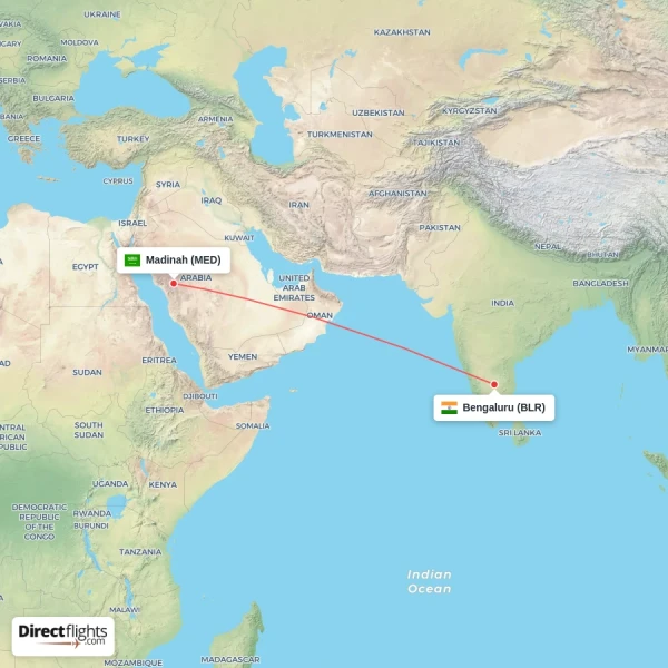 Bengaluru - Madinah direct flight map
