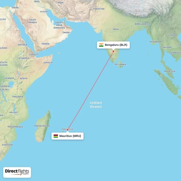 Bengaluru - Mauritius direct flight map