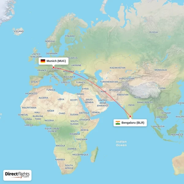 Bengaluru - Munich direct flight map