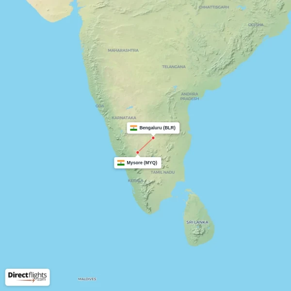 Bengaluru - Mysore direct flight map