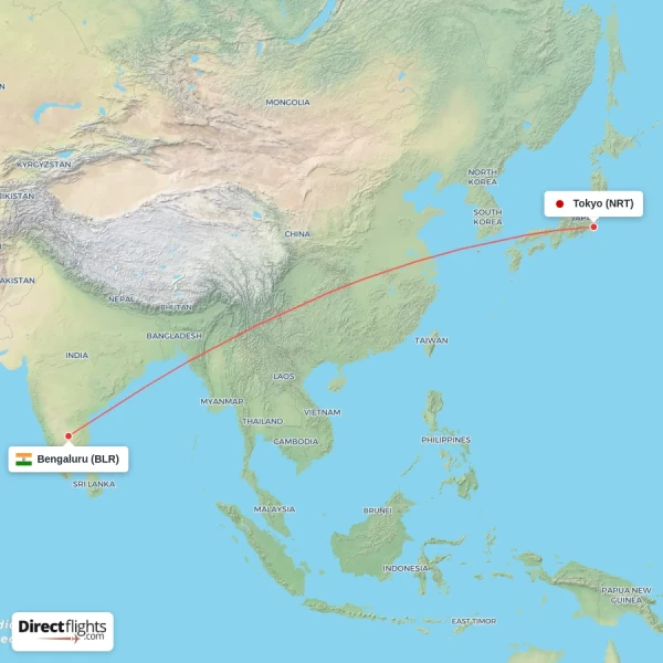 Bengaluru - Tokyo direct flight map