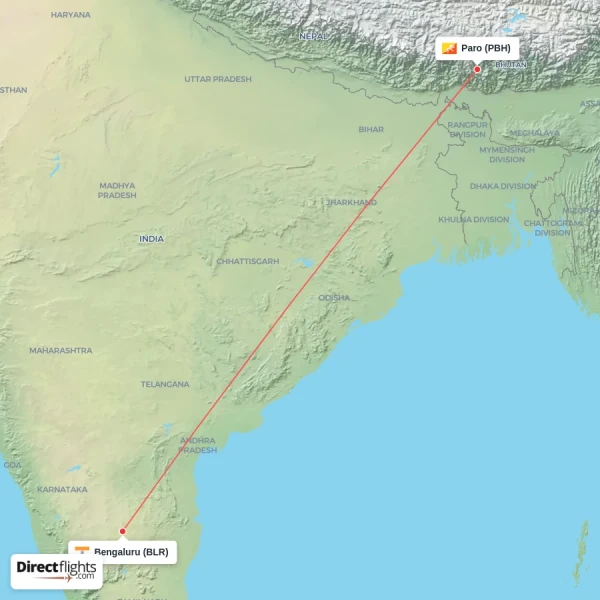 Bengaluru - Paro direct flight map