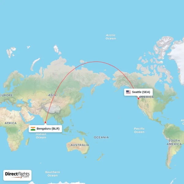 Bengaluru - Seattle direct flight map