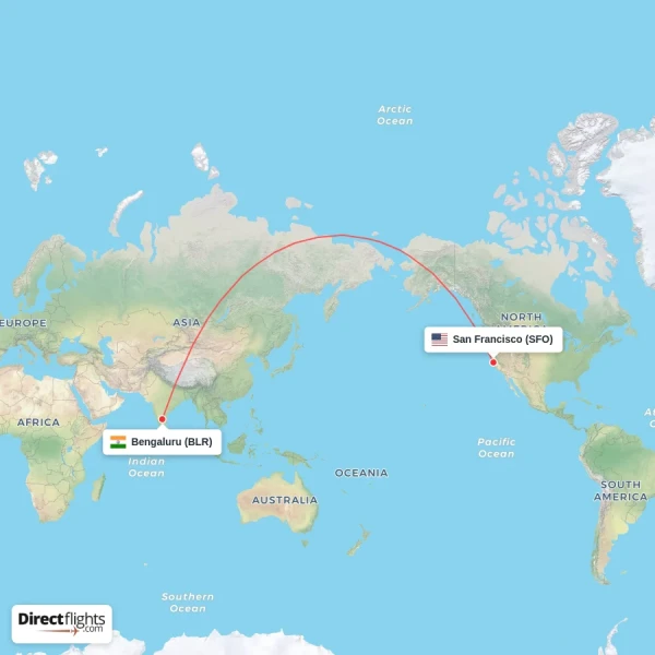 Bengaluru - San Francisco direct flight map