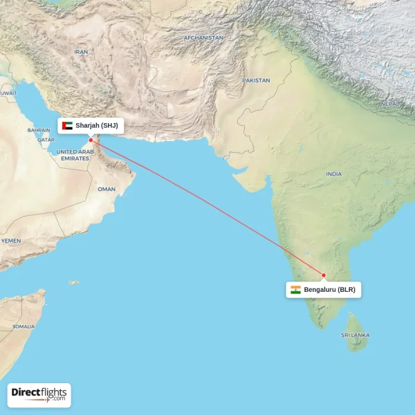 Bengaluru - Sharjah direct flight map