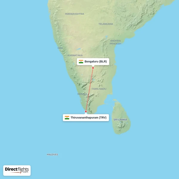 Bengaluru - Thiruvananthapuram direct flight map