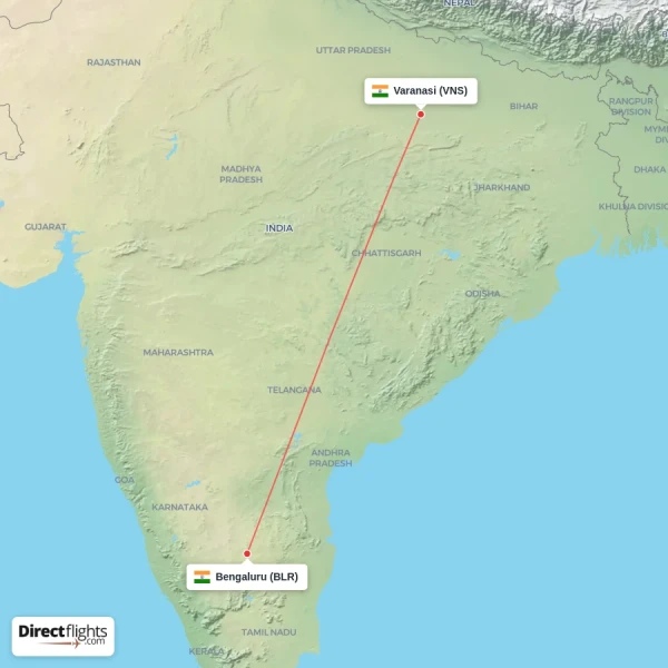 Bengaluru - Varanasi direct flight map