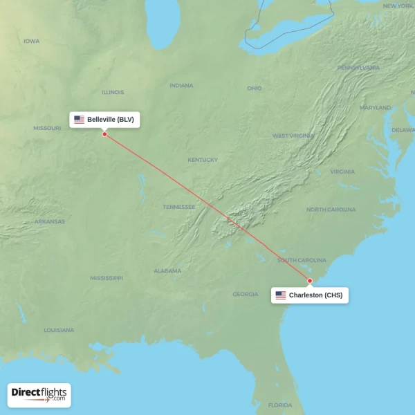 Belleville - Charleston direct flight map