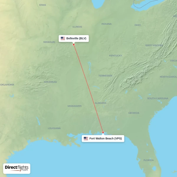Belleville - Fort Walton Beach direct flight map