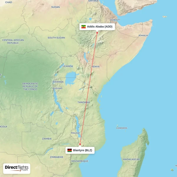 Blantyre - Addis Ababa direct flight map