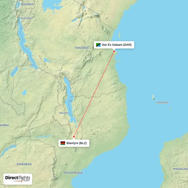 Blantyre - Dar Es Salaam direct flight map