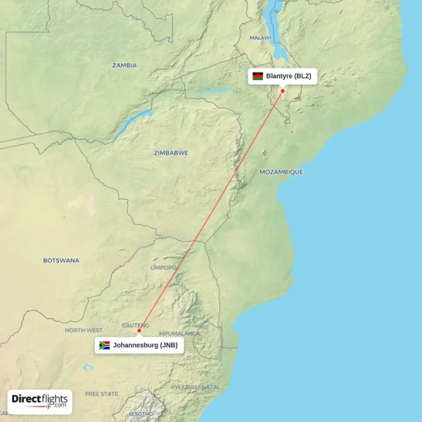 Blantyre - Johannesburg direct flight map