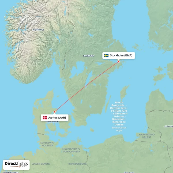 Stockholm - Aarhus direct flight map