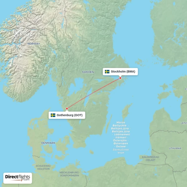 Stockholm - Gothenburg direct flight map