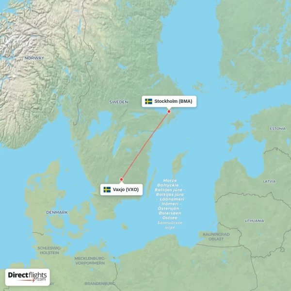 Stockholm - Vaxjo direct flight map