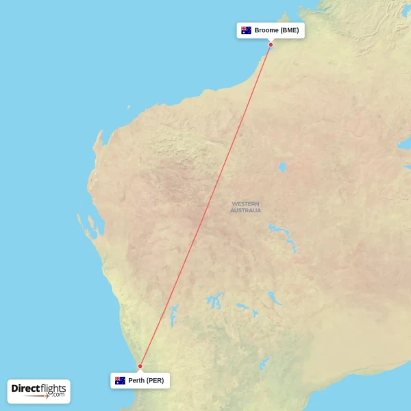 Broome - Perth direct flight map