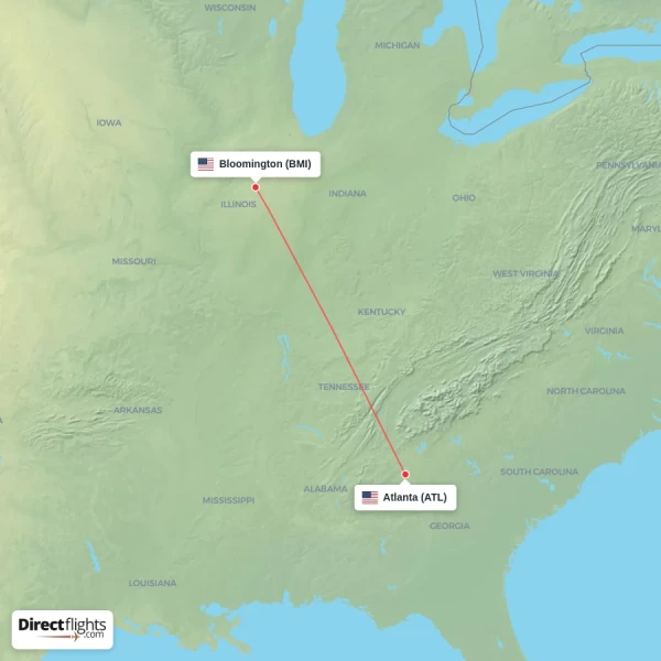 Bloomington - Atlanta direct flight map