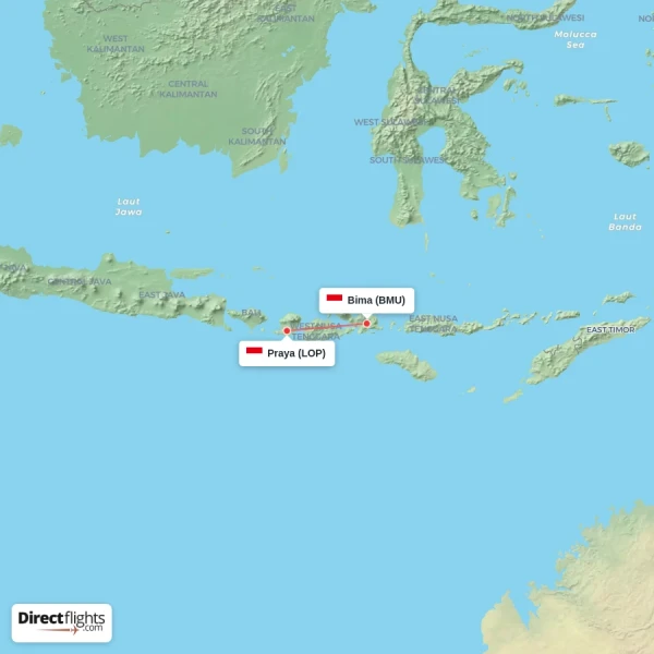 Bima - Praya direct flight map