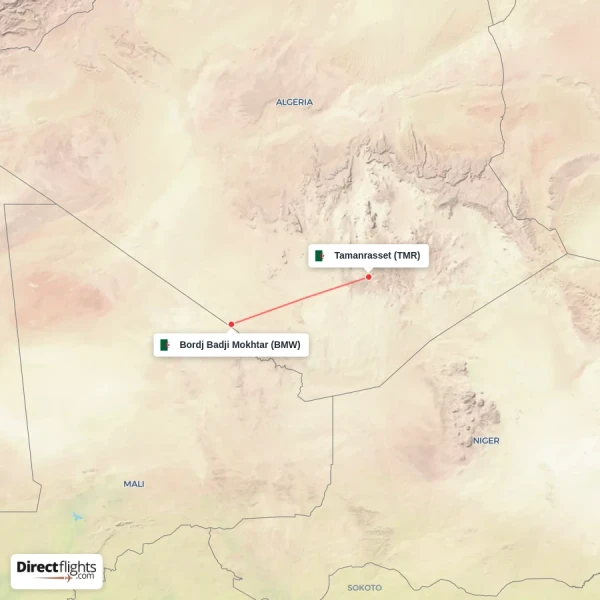 Bordj Badji Mokhtar - Tamanrasset direct flight map