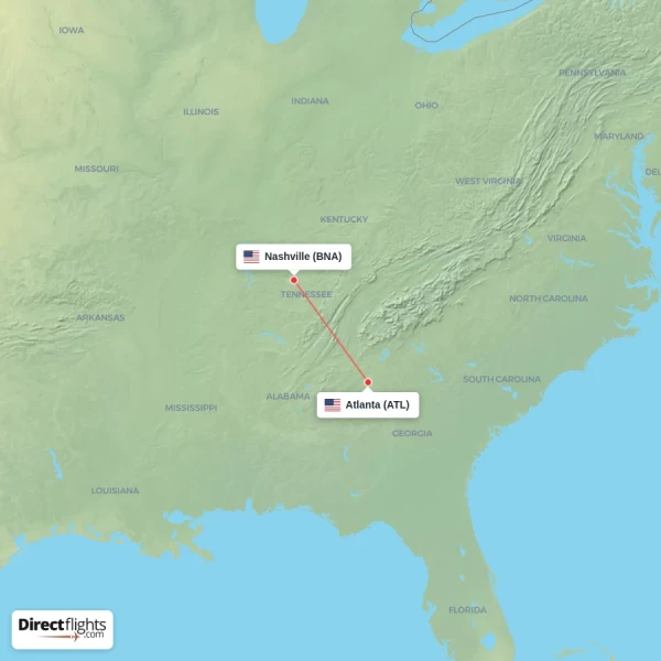 Nashville - Atlanta direct flight map
