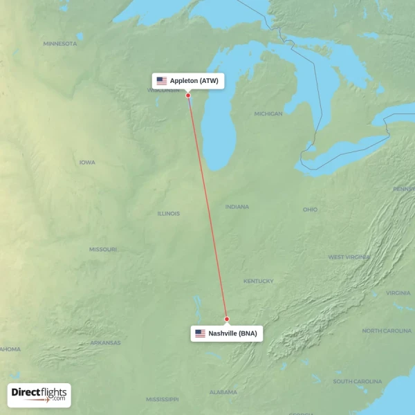 Nashville - Appleton direct flight map