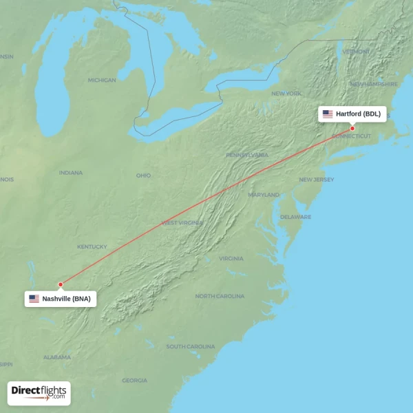 Nashville - Hartford direct flight map