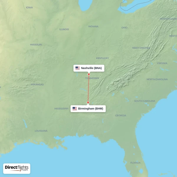 Nashville - Birmingham direct flight map