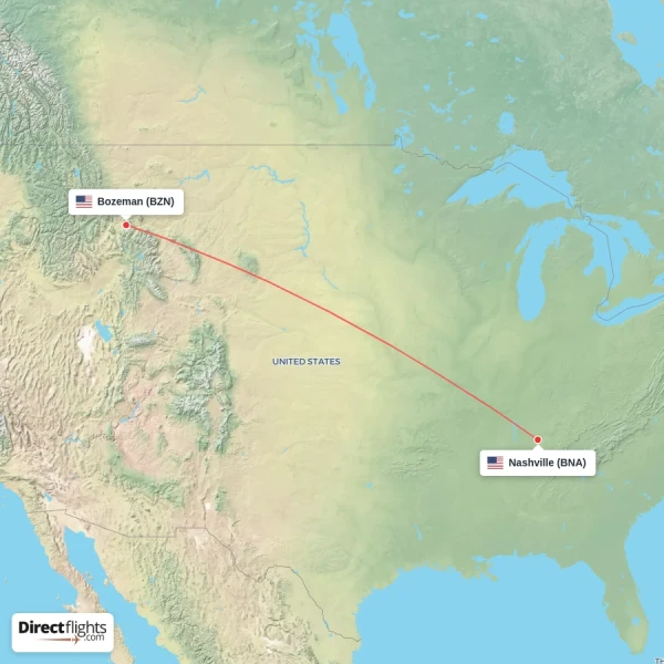 Nashville - Bozeman direct flight map