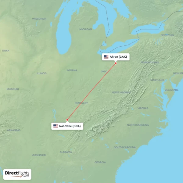 Nashville - Akron direct flight map