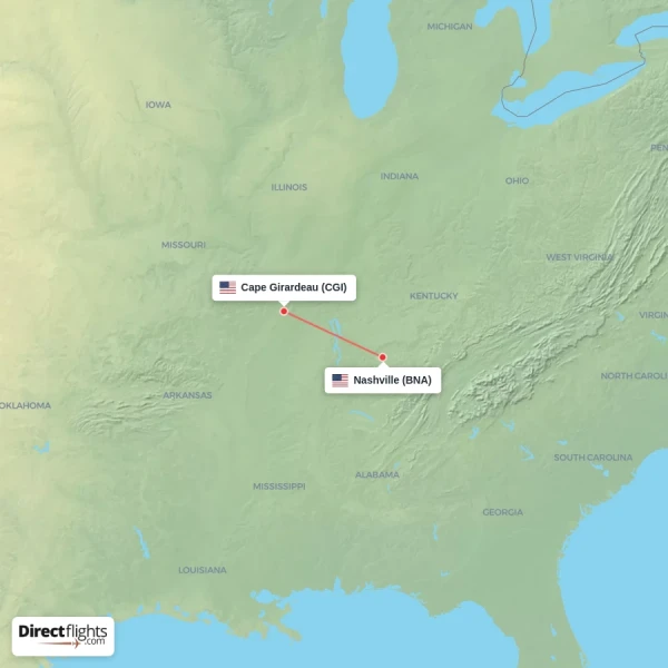 Nashville - Cape Girardeau direct flight map