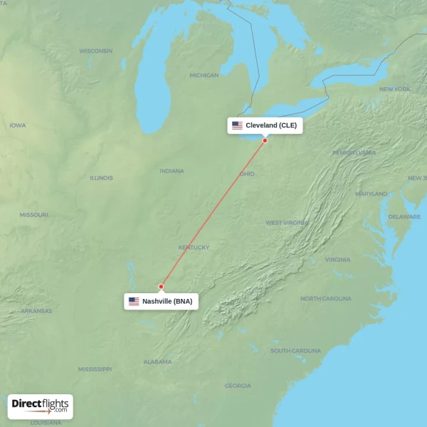 Nashville - Cleveland direct flight map