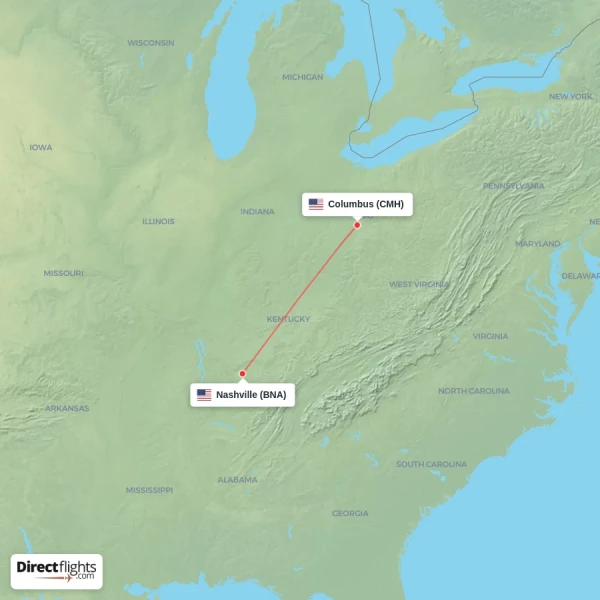 Nashville - Columbus direct flight map