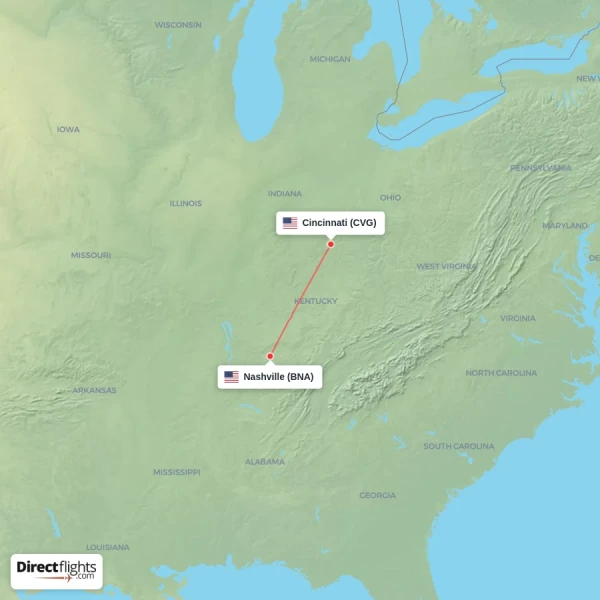 Nashville - Cincinnati direct flight map