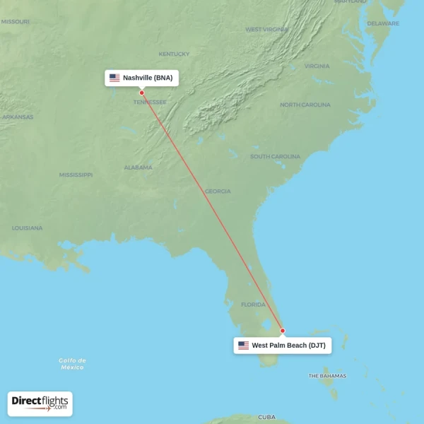 Nashville - West Palm Beach direct flight map