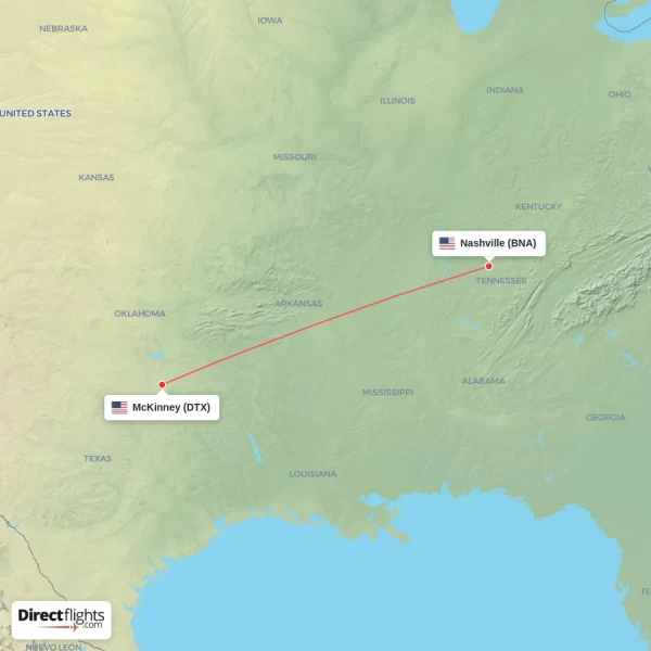 Nashville - McKinney direct flight map